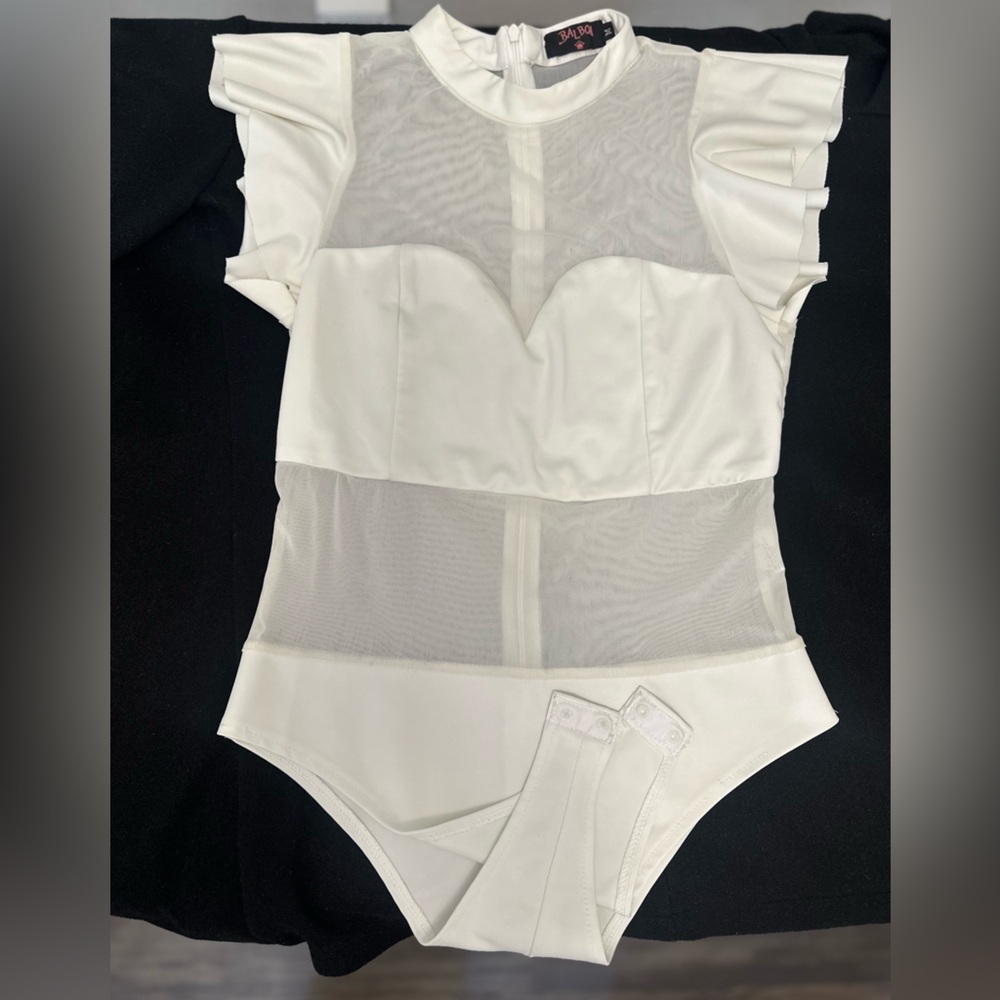 White Bodysuit with Ruffled Cap Sleeves and Defined Waist